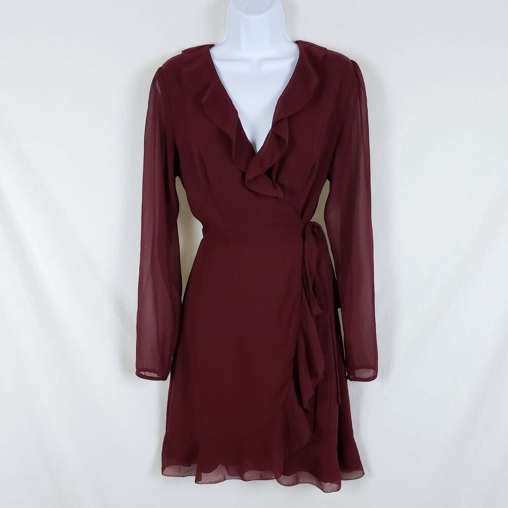 Wilfred Romantic Ruffle Chiffon Wrap Dress Womens M Sheer Sleeve Brown Flowy
